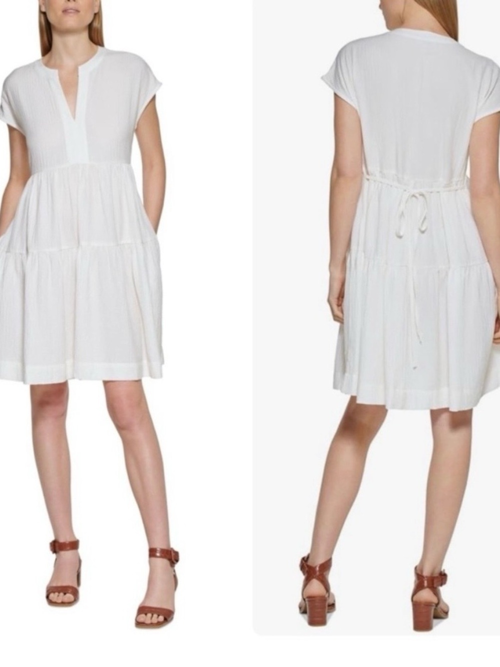 Calvin Klein Women's White Tiered Short Sleeve Dress- Size 2